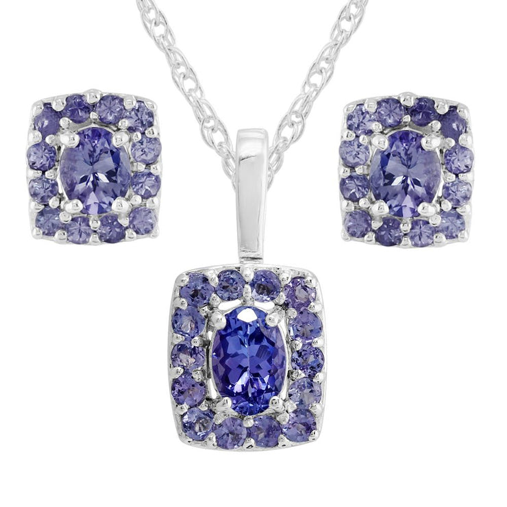 Pendentif et Boucles d'Oreilles  Clou Classique Argent 925 Tanzanite style Cluster Carré