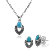 Collier et Boucles d'Oreilles Clou Style Art Déco Argent 925 Turquoise Ovale et Marcassite