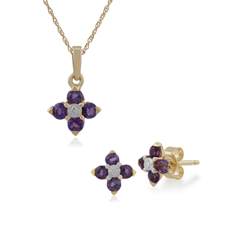Pendentif et Boucles d'Oreilles Clou Floral Or Jaune 375 Améthyste et Diamant Ruban