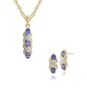 Pendentif et Boucles d'Oreilles Clou Torsadés Classique Or Jaune 375 Tanzanite et Diamant Ronds