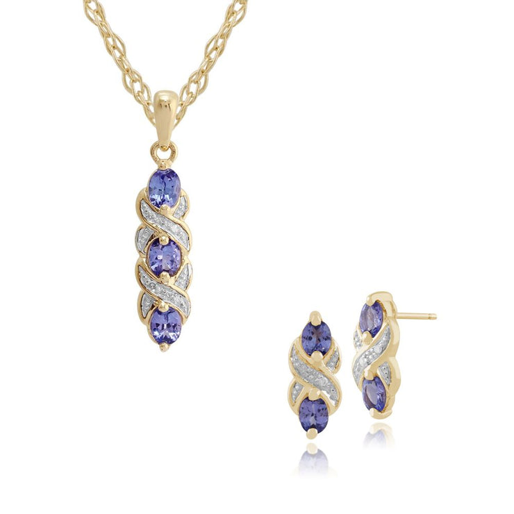 Pendentif et Boucles d'Oreilles Clou Torsadés Classique Or Jaune 375 Tanzanite et Diamant Ronds
