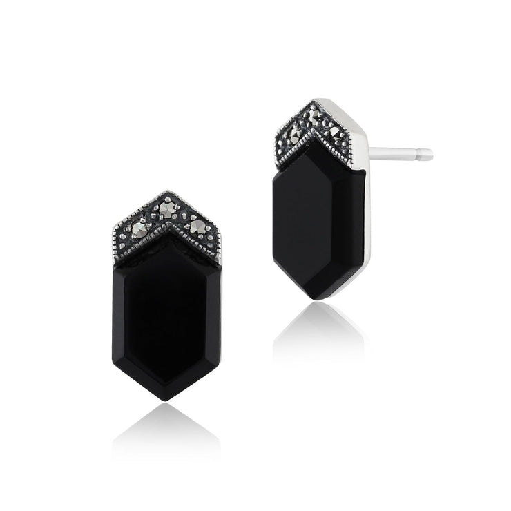 Boucles d'Oreilles Clou Style Art Déco Argent 925 Onyx Noir Cabochon et Marcassite