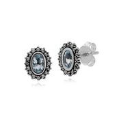 Boucles d'Oreilles Style Art Déco Argent 925 Topaze Bleu Oval et Marcassite Halo