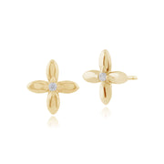 Boucles d'Oreilles Clou Floral Or Jaune 375 Diamant Doré Rond