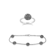 Bague et Bracelet Style Rennie Mackintosh Argent 925 Rose de Glasgow marcassite Ronde