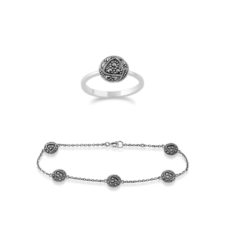 Bague et Bracelet Style Rennie Mackintosh Argent 925 Rose de Glasgow marcassite Ronde