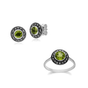 Boucles d'Oreilles Clou et Bague Style Art Déco Argent 925 Péridot et Marcassite Cluster Rond
