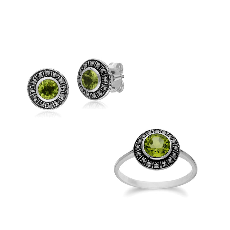 Boucles d'Oreilles Clou et Bague Style Art Déco Argent 925 Péridot et Marcassite Cluster Rond