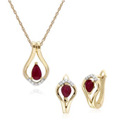 Boucles d'Oreilles Dormeuses et Pendentif Feuille Classique Or Jaune 375 Rubis et Diamant