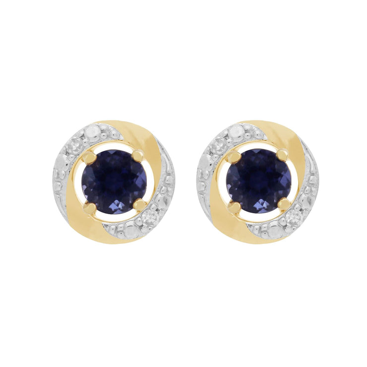 Boucles d'Oreilles Clou Iolite Classique Or Jaune 375 et Ear-Jacket Halo Diamant
