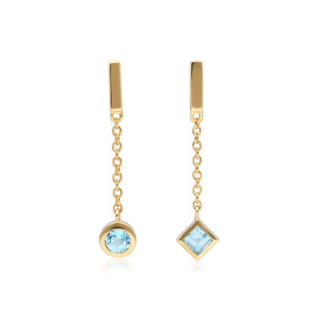 Boucles d'Oreilles Mini Pendantes Asymétriques Or Jaune 375 Topaze Bleue