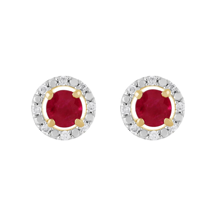 Boucles d'Oreilles Clou Rubis Classique Or Jaune 375 et Ear-Jacket Rond Diamant