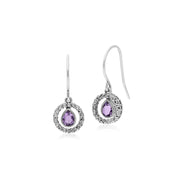 Boucles d'Oreilles Pendantes et Pendentif Classique Argent 925 Améthyste Poire et Marcassite