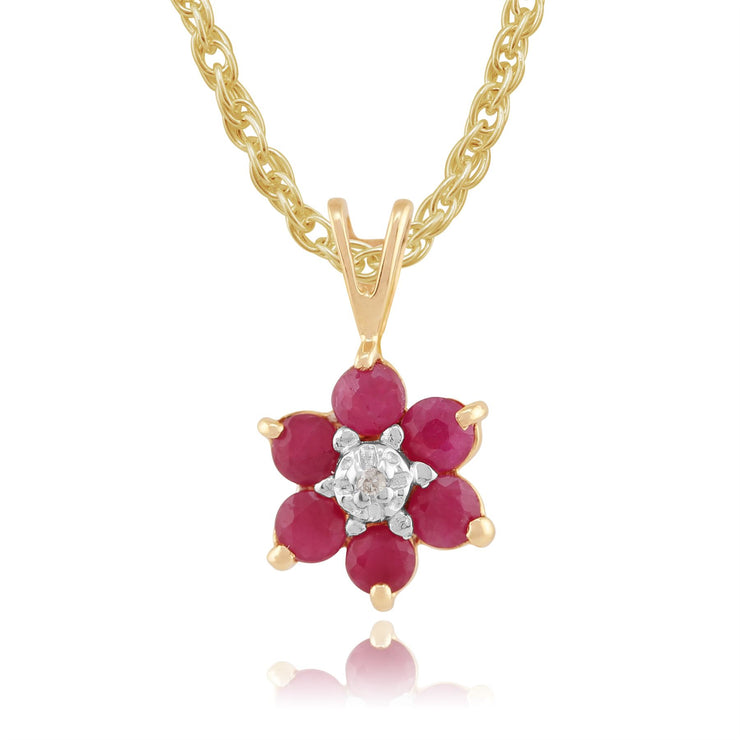 Pendentif Floral Or Jaune 375 Rubis et Diamant style Cluster