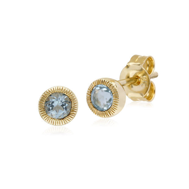 Aigue-Marine Boucles d'oreilles, 9 Ct Or Jaune Aigue-Marine Pierre Unique Rond milgrain Boucles d'oreilles