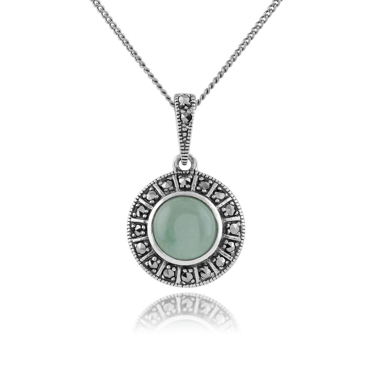 Pendentif Style Art Déco Argent 925 Jade Verte Ronde et Marcassite