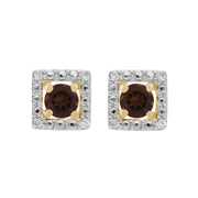 Boucles d'Oreilles Clou Quartz Fumé Classique Or Jaune 375 et Ear-Jacket Carré Diamant