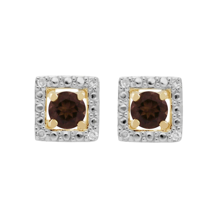 Boucles d'Oreilles Clou Quartz Fumé Classique Or Jaune 375 et Ear-Jacket Carré Diamant