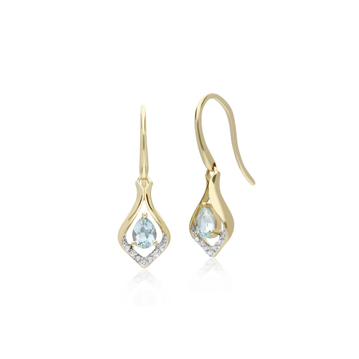 Boucles d'Oreilles Dormeuses et Pendentif Feuille Classique Or Jaune 375 Aigue-Marine et Diamant