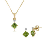 Pendentif et Boucles d'Oreilles Clou Classique Or Jaune 375 Péridot Coussin et Diamant