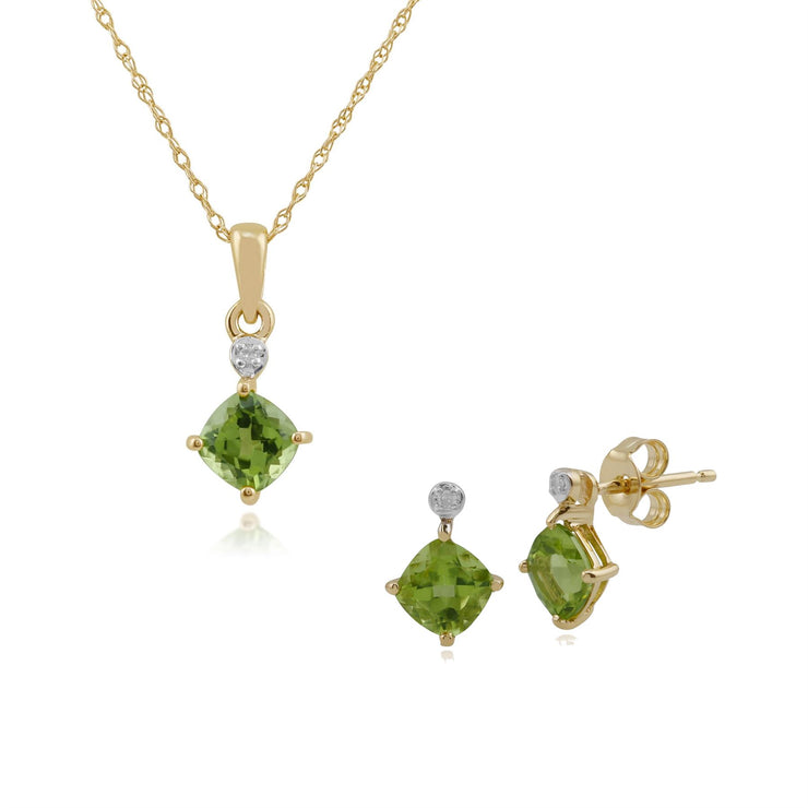 Pendentif et Boucles d'Oreilles Clou Classique Or Jaune 375 Péridot Coussin et Diamant
