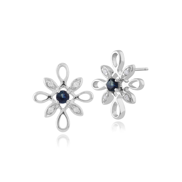 Bague et Boucles d'Oreilles Clou Floral Or Blanc 375 Saphir Rond et Diamant