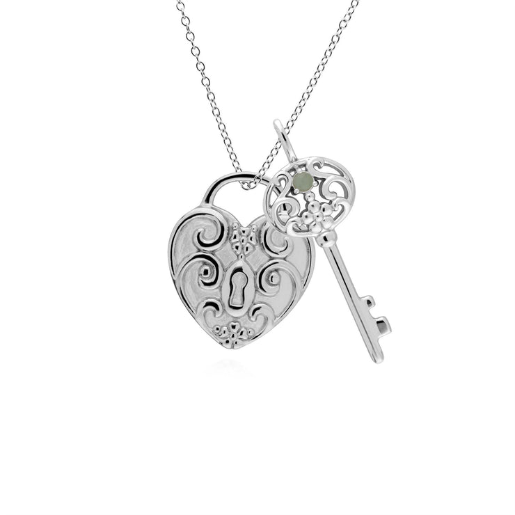 Pendentif Classique Cadenas Cœur Torsadé Argent 925 et Charms Grande Clé Jade