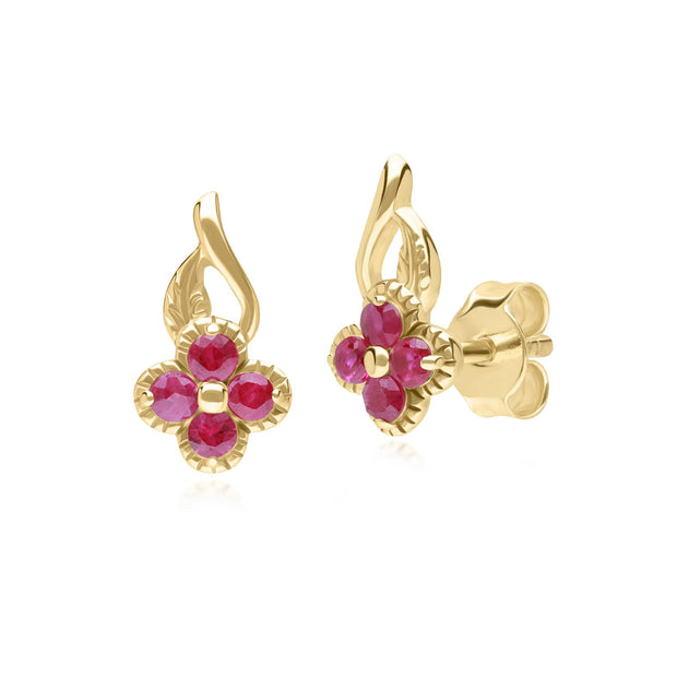 Boucles d'oreilles Clou Floral Or Jaune 375 avec Rubis Rond