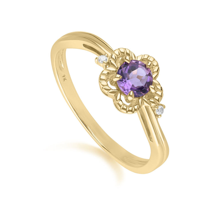 Bague Florale Or Jaune 375 avec Améthyste et Diamant Ronds