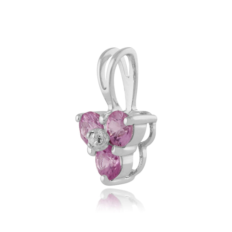 Pendentif et Boucles d'Oreilles Clou Fleur Or Blanc 375 Saphir Rose et Diamand Rond
