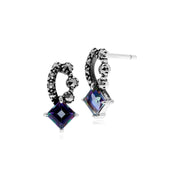 Boucles d'Oreilles Clou Style Art Nouveau Argent 925 Topaze Mystique Carré et Marcassite