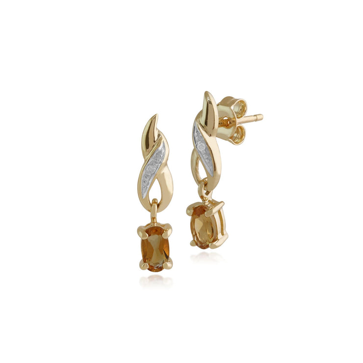 Boucles d'Oreilles Pendantes Torsadées Classique Or Jaune 375 Citrine Ovale et Diamant