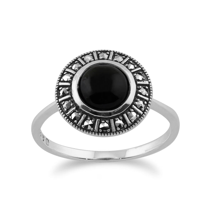 Gemondo 925 Sterling Silver Art Déco 1.20ct Onyx Noir & Marcassite Bague