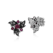 Rubis Boucles D'Oreilles, Argent Sterling Rubis & Marcassite Nouveau Floral Boucles D'Oreilles