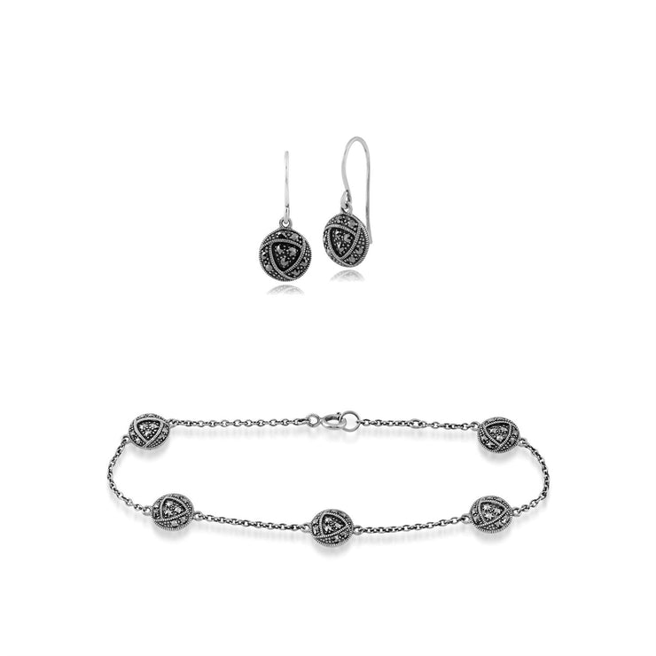 Boucles d'Oreilles Pendantes et Bracelet Style Rennie Mackintosh Argent 925 Rose de Glasgow marcassite Ronde