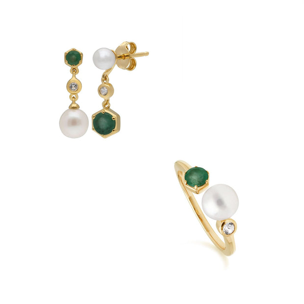 Bague et Boucles d'Oreilles Perle Moderne Argent 925 Doré à l'Or Fin Emeraude, Topaze et Perle