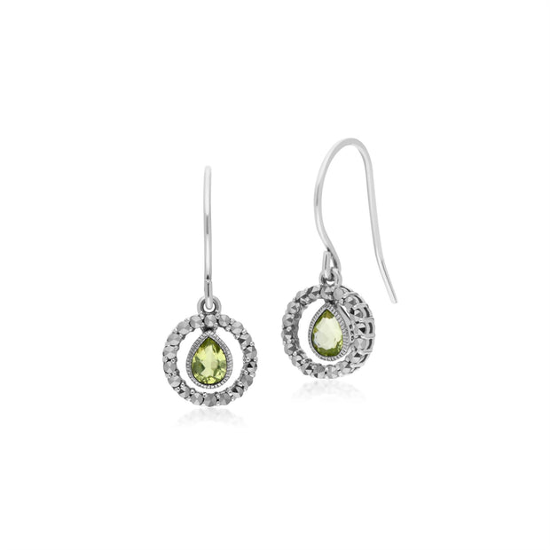 Boucles d'Oreilles Pendantes et Pendentif Classique Argent 925 Péridot Poire et Marcassite