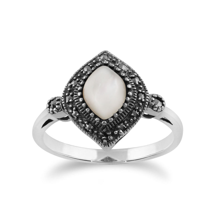 Gemondo Art Déco Bague, 925 Sterling Silver 1.00ct Nacre & Marcassite art déco bague