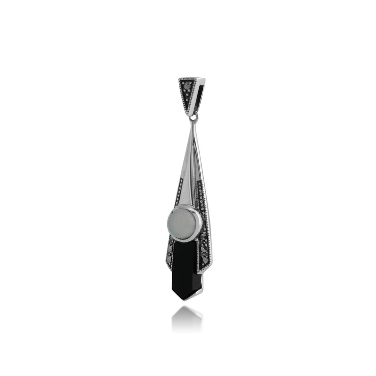 Pendentif Eventail Style Art Déco Argent 925 Opale, Onyx Noire et Marcassite