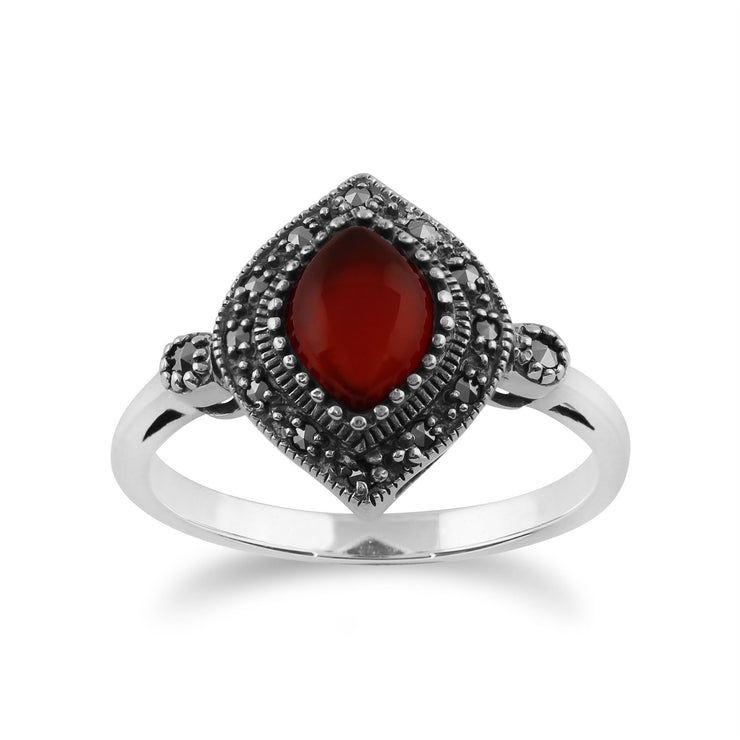 Gemondo Art Déco Bague, 925 Sterling Silver 1.00ct Cornaline & Marcassite Art Déco Bague
