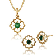 Pendentif et Boucles d'Oreilles Clou Floral Or Jaune 375 Emeraude Ronde serti clos