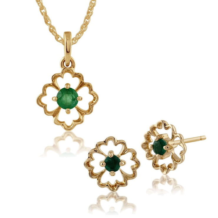 Pendentif et Boucles d'Oreilles Clou Floral Or Jaune 375 Emeraude Ronde serti clos