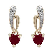 Boucles d'Oreilles Pendantes Style Art Nouveau Or Jaune 375 Rubis Cœur et Diamant