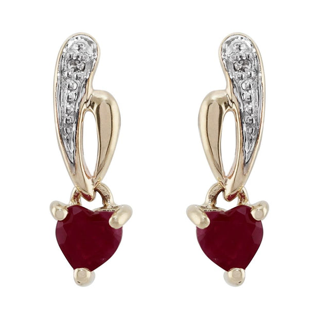 Boucles d'Oreilles Pendantes Style Art Nouveau Or Jaune 375 Rubis Cœur et Diamant