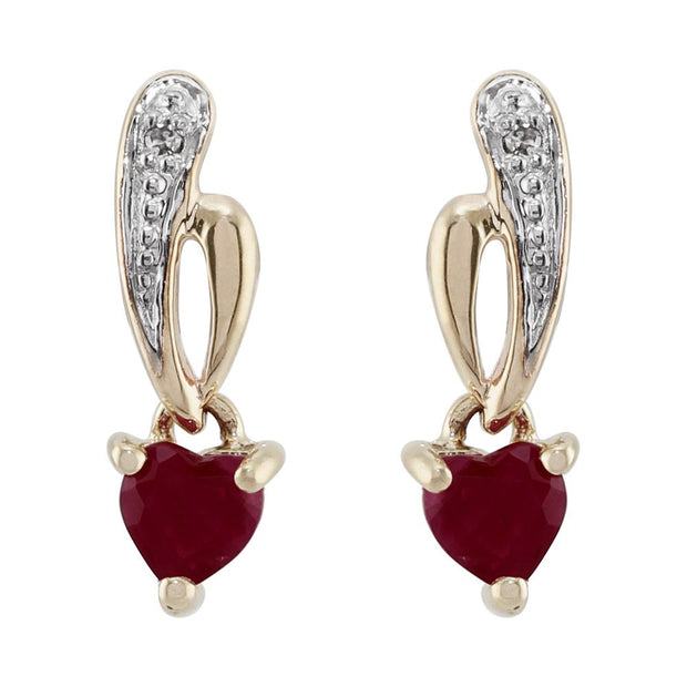 Boucles d'Oreilles Pendantes Style Art Nouveau Or Jaune 375 Rubis Cœur et Diamant