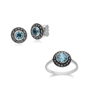 Boucles d'Oreilles Clou et Bague Style Art Déco Argent 925 Topaze Bleue et Marcassite Cluster Rond