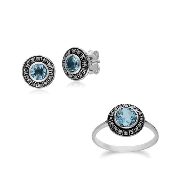 Boucles d'Oreilles Clou et Bague Style Art Déco Argent 925 Topaze Bleue et Marcassite Cluster Rond