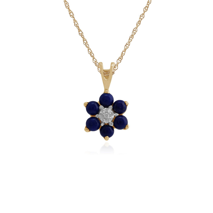 Pendentif et Boucles d'Oreilles Clou Floral Or Jaune 375 Lapis lazuli et Diamant Cluster