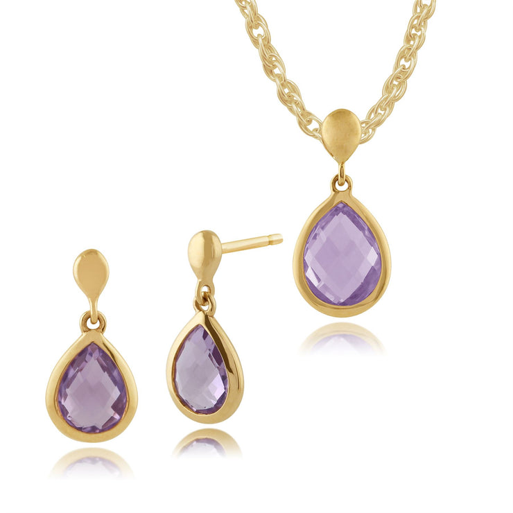 Pendentif et Boucles d'Oreilles Pendantes Classique Or Jaune 375 Améthyste Poire Serti Clos