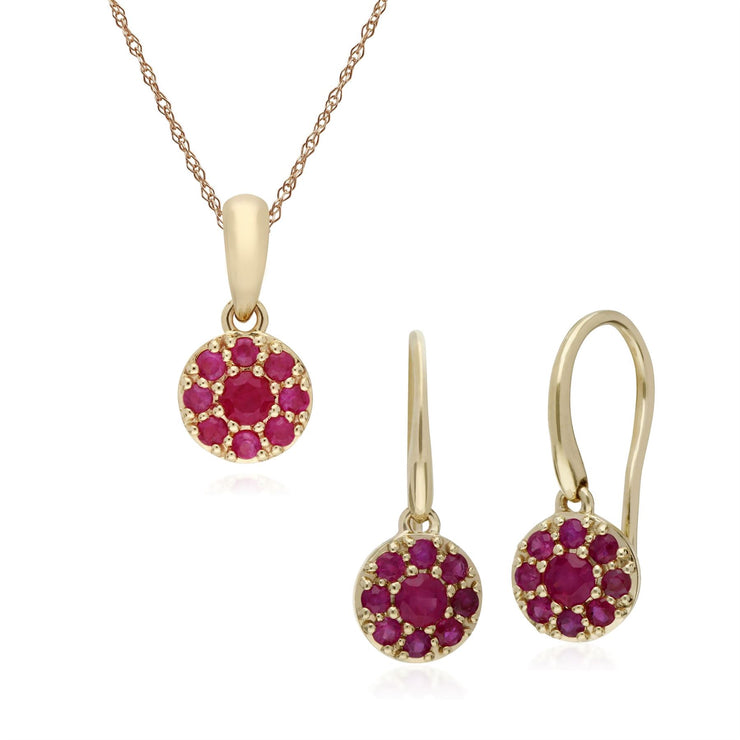 Boucles d'Oreilles Pendantes et Pendentif Classique Or Jaune 375 Rubis Cluster